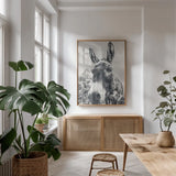 Donkey Pasture BW by Nathan Larson. shown as a print in a natural wood frame in a dining room. Available as a archival giclee rolled canvas, fine art paper, or poster print. SKU 99953h.
