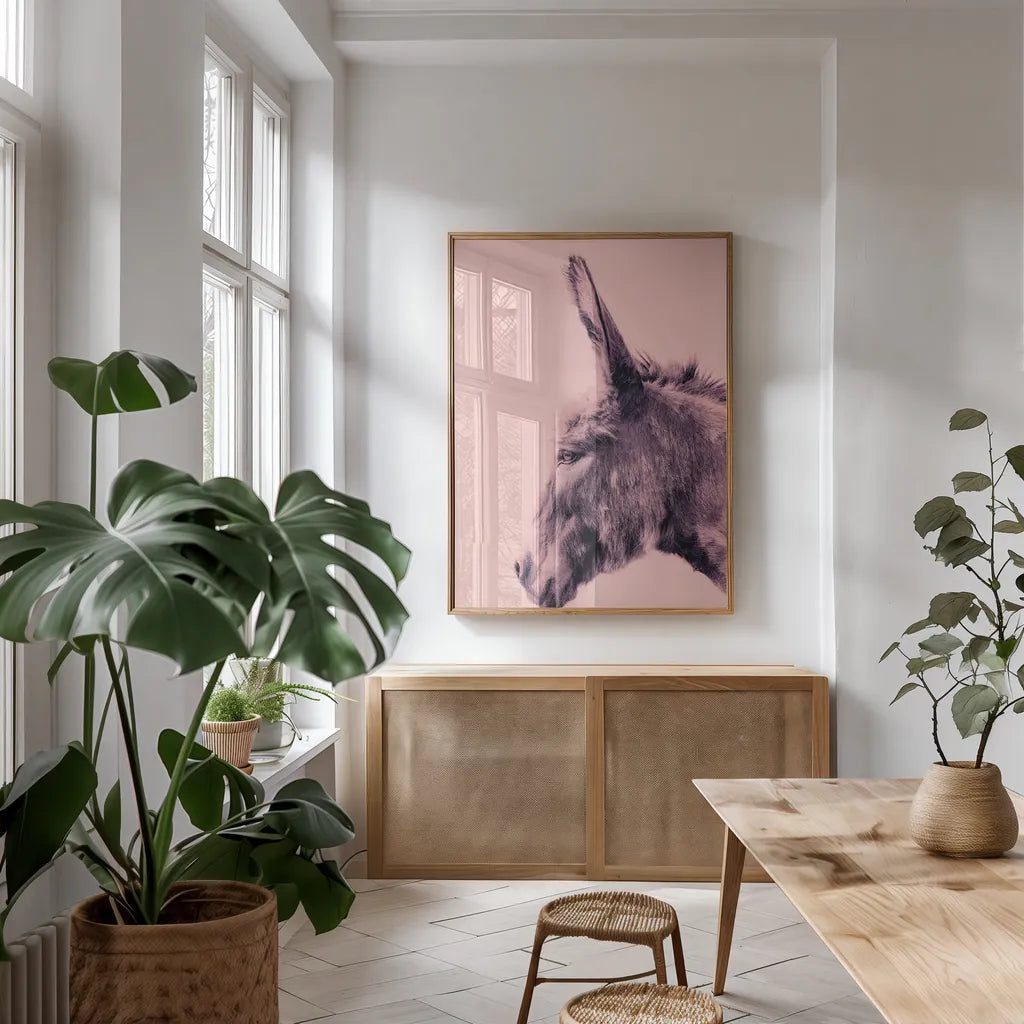 Donkey Portrait by Nathan Larson. shown as a print in a natural wood frame in a dining room. Available as a archival giclee rolled canvas, fine art paper, or poster print. SKU 99961h.