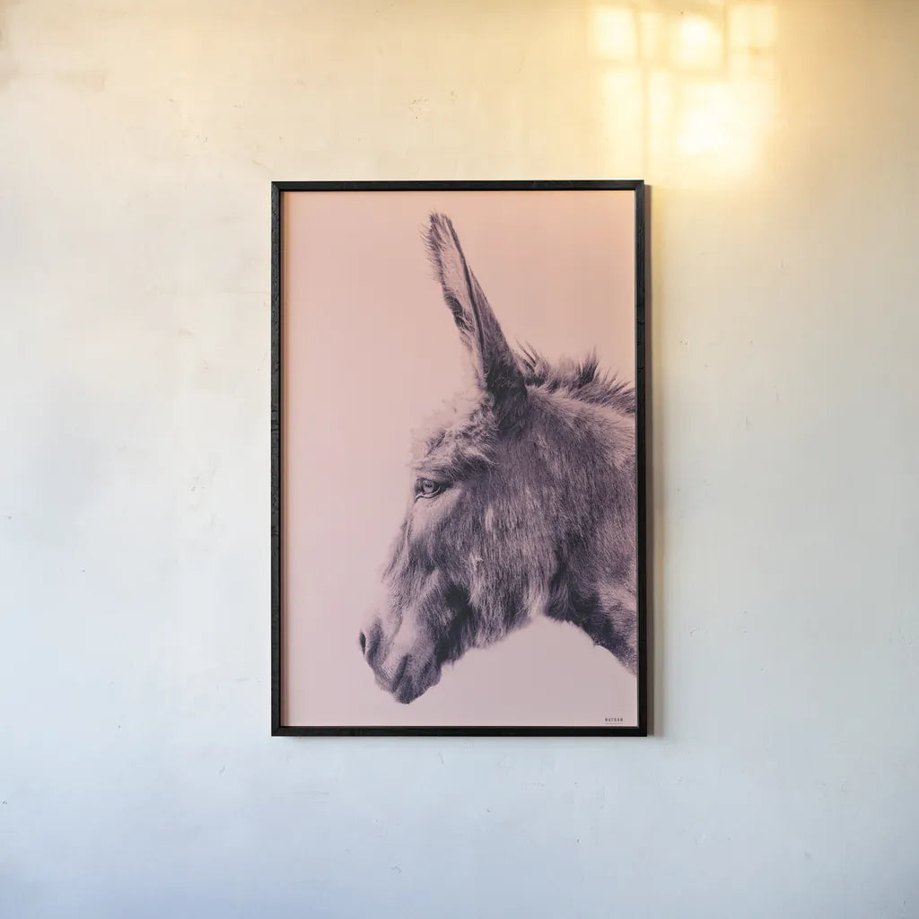 Donkey Portrait by Nathan Larson. shown as a paper print in a black flame. Available as a archival giclee rolled canvas, fine art paper, or poster print. SKU 99961h.