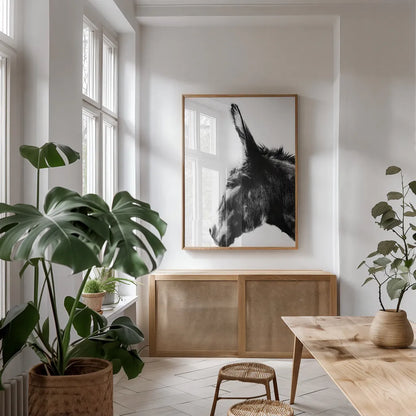 Donkey Portrait BW by Nathan Larson. shown as a print in a natural wood frame in a dining room. Available as a archival giclee rolled canvas, fine art paper, or poster print. SKU 99963h.