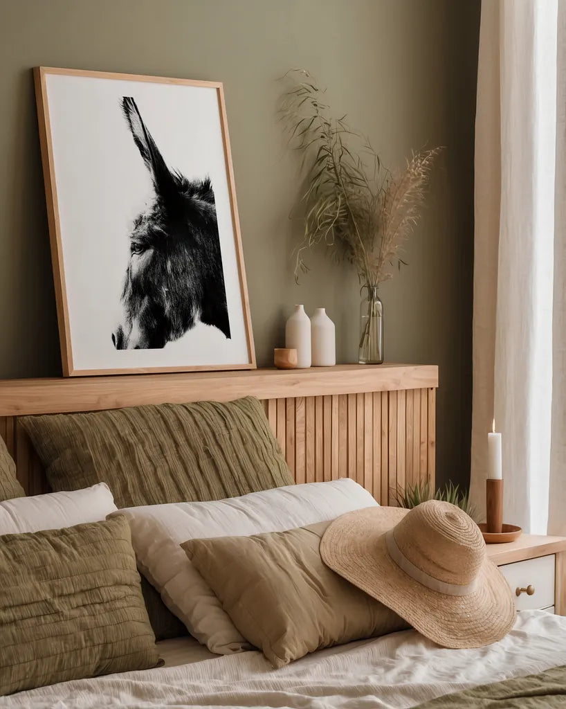 Donkey Portrait BW by Nathan Larson. shown as a paper print in a natural frame. Available as a archival giclee rolled canvas, fine art paper, or poster print. SKU 99963h.