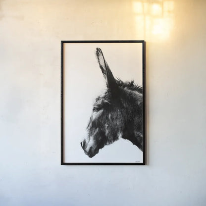 Donkey Portrait BW by Nathan Larson. shown as a paper print in a black flame. Available as a archival giclee rolled canvas, fine art paper, or poster print. SKU 99963h.
