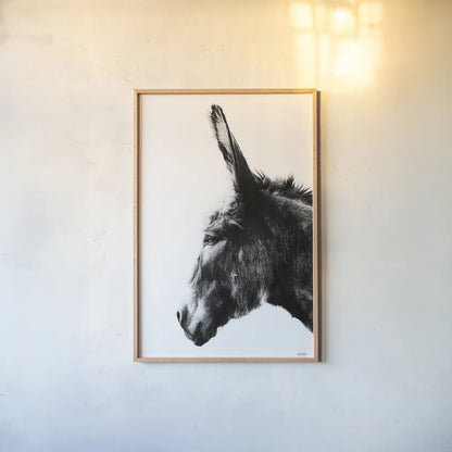 Donkey Portrait BW by Nathan Larson. shown as a paper print in a natural frame. Available as a archival giclee rolled canvas, fine art paper, or poster print. SKU 99963h.