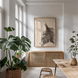 Donkey Portrait Sepia by Nathan Larson. shown as a print in a natural wood frame in a dining room. Available as a archival giclee rolled canvas, fine art paper, or poster print. SKU 99962h.