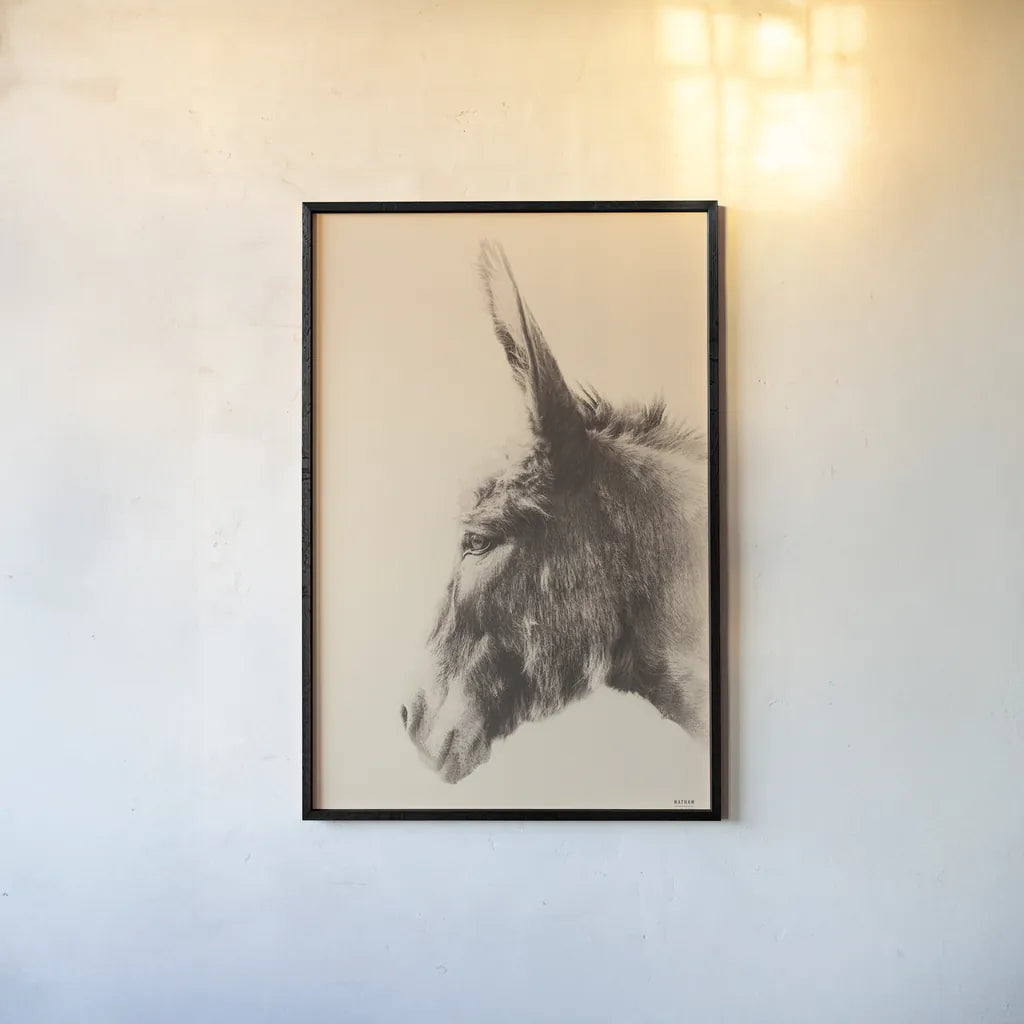 Donkey Portrait Sepia by Nathan Larson. shown as a paper print in a black flame. Available as a archival giclee rolled canvas, fine art paper, or poster print. SKU 99962h.