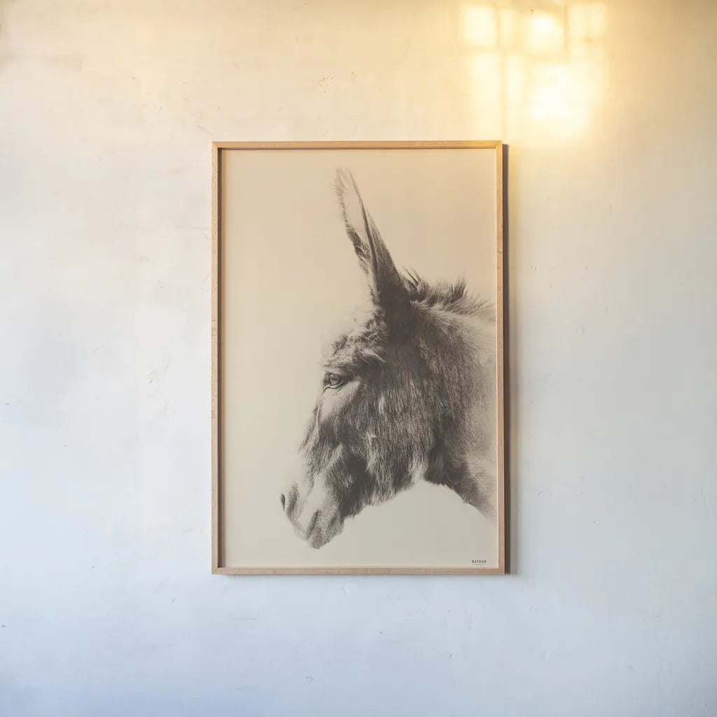 Donkey Portrait Sepia by Nathan Larson. shown as a paper print in a natural frame. Available as a archival giclee rolled canvas, fine art paper, or poster print. SKU 99962h.