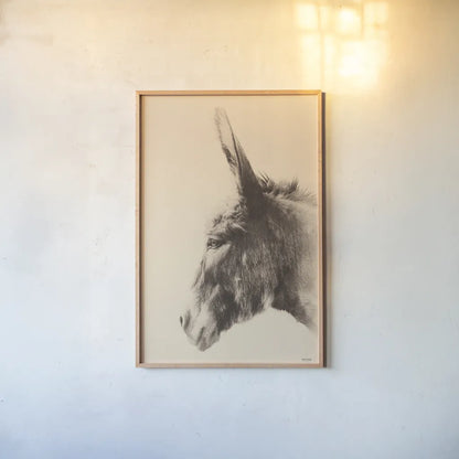 Donkey Portrait Sepia by Nathan Larson. shown as a paper print in a natural frame. Available as a archival giclee rolled canvas, fine art paper, or poster print. SKU 99962h.