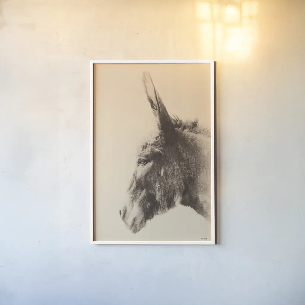 Donkey Portrait Sepia by Nathan Larson. shown as a paper print in a white frame. Available as a archival giclee rolled canvas, fine art paper, or poster print. SKU 99962h.