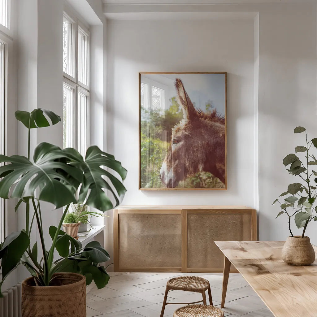 Donkey Profile by Nathan Larson. shown as a print in a natural wood frame in a dining room. Available as a archival giclee rolled canvas, fine art paper, or poster print. SKU 99959h.