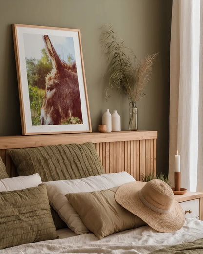 Donkey Profile by Nathan Larson. shown as a paper print in a natural frame. Available as a archival giclee rolled canvas, fine art paper, or poster print. SKU 99959h.