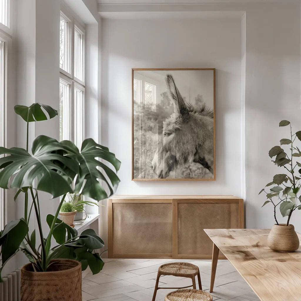 Donkey Profile Sepia by Nathan Larson. shown as a print in a natural wood frame in a dining room. Available as a archival giclee rolled canvas, fine art paper, or poster print. SKU 99960h.