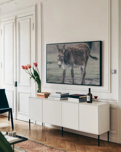 Donkey Summer III by Nathan Larson. shown as a framed stretched canvas in a living room above a console. Available as a archival giclee rolled canvas, fine art paper, or poster print. SKU 99293i.