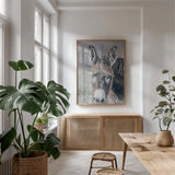 Donkey Summer Portrait by Nathan Larson. shown as a print in a natural wood frame in a dining room. Available as a archival giclee rolled canvas, fine art paper, or poster print. SKU 99286h.