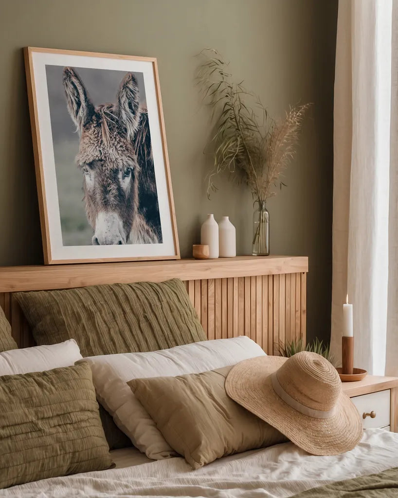 Donkey Summer Portrait by Nathan Larson. shown as a paper print in a natural frame. Available as a archival giclee rolled canvas, fine art paper, or poster print. SKU 99286h.