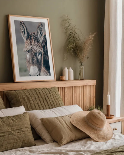 Donkey Summer Portrait by Nathan Larson. shown as a paper print in a natural frame. Available as a archival giclee rolled canvas, fine art paper, or poster print. SKU 99286h.