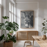 Donkey Summer Portrait BW by Nathan Larson. shown as a print in a natural wood frame in a dining room. Available as a archival giclee rolled canvas, fine art paper, or poster print. SKU 99287h.