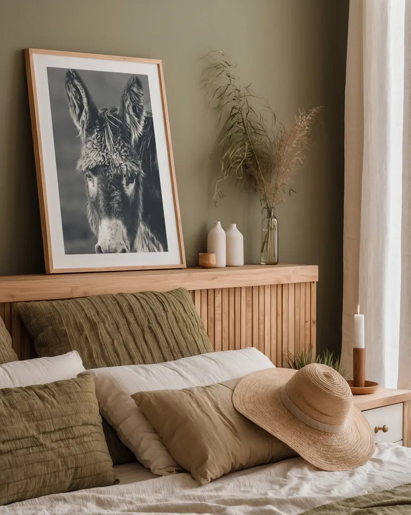 Donkey Summer Portrait BW by Nathan Larson. shown as a paper print in a natural frame. Available as a archival giclee rolled canvas, fine art paper, or poster print. SKU 99287h.