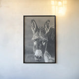 Donkey Summer Portrait BW by Nathan Larson. shown as a paper print in a black flame. Available as a archival giclee rolled canvas, fine art paper, or poster print. SKU 99287h.
