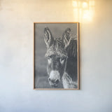 Donkey Summer Portrait BW by Nathan Larson. shown as a paper print in a natural frame. Available as a archival giclee rolled canvas, fine art paper, or poster print. SKU 99287h.