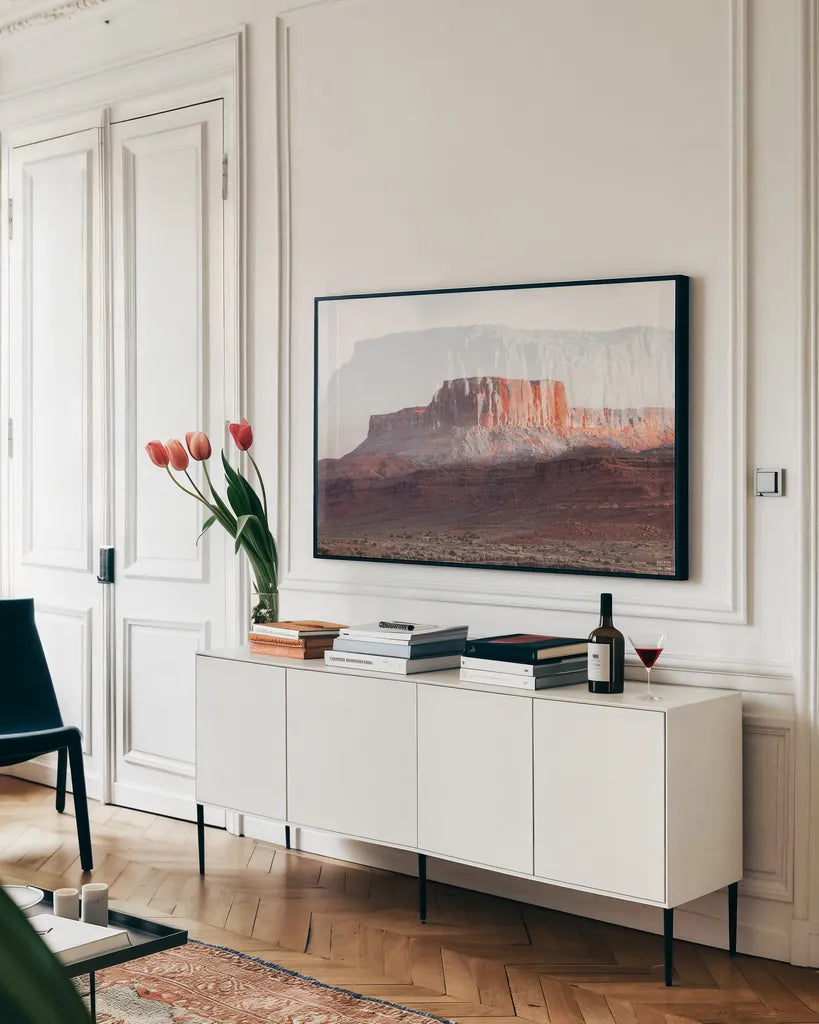 Dream Mesa by Nathan Larson. shown as a framed stretched canvas in a living room above a console. Available as a archival giclee rolled canvas, fine art paper, or poster print. SKU 99201i.