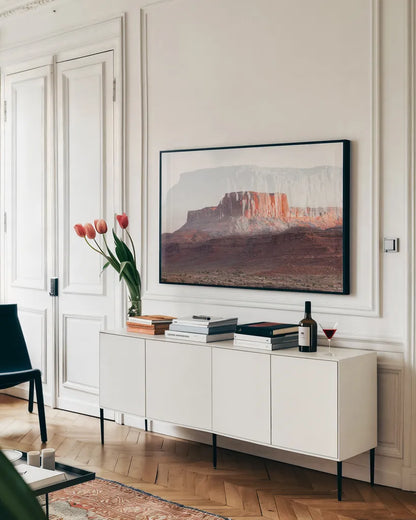 Dream Mesa by Nathan Larson. shown as a framed stretched canvas in a living room above a console. Available as a archival giclee rolled canvas, fine art paper, or poster print. SKU 99201i.