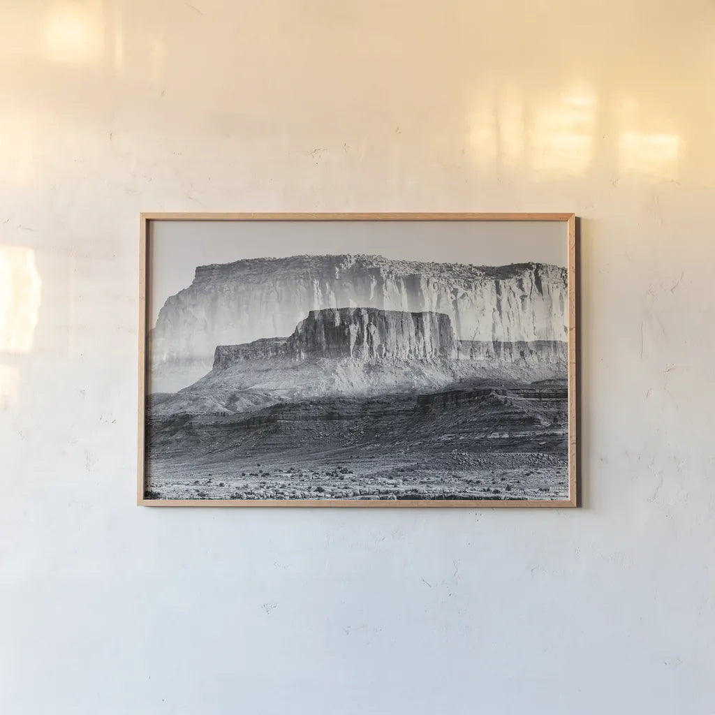Dream Mesa BW by Nathan Larson. shown as a paper print in a natural frame. Available as a archival giclee rolled canvas, fine art paper, or poster print. SKU 99199i.