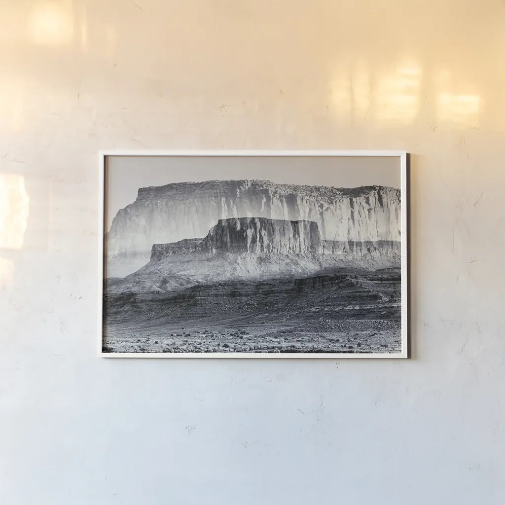 Dream Mesa BW by Nathan Larson. shown as a paper print in a white frame. Available as a archival giclee rolled canvas, fine art paper, or poster print. SKU 99199i.