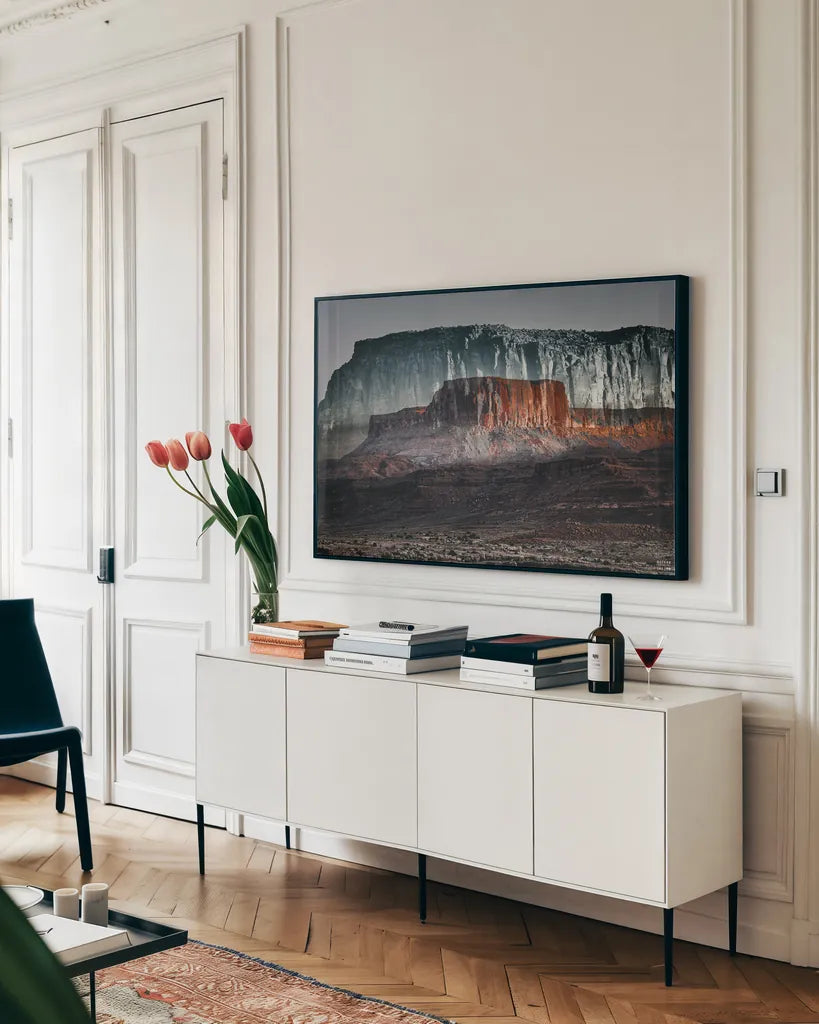 Dream Mesa Dark by Nathan Larson. shown as a framed stretched canvas in a living room above a console. Available as a archival giclee rolled canvas, fine art paper, or poster print. SKU 99200i.