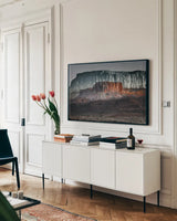 Dream Mesa Dark by Nathan Larson. shown as a framed stretched canvas in a living room above a console. Available as a archival giclee rolled canvas, fine art paper, or poster print. SKU 99200i.