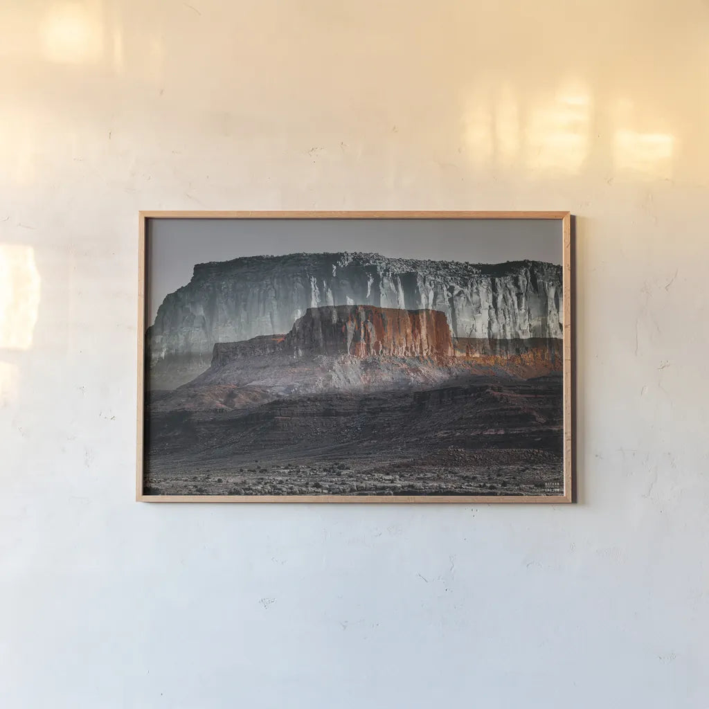 Dream Mesa Dark by Nathan Larson. shown as a paper print in a natural frame. Available as a archival giclee rolled canvas, fine art paper, or poster print. SKU 99200i.