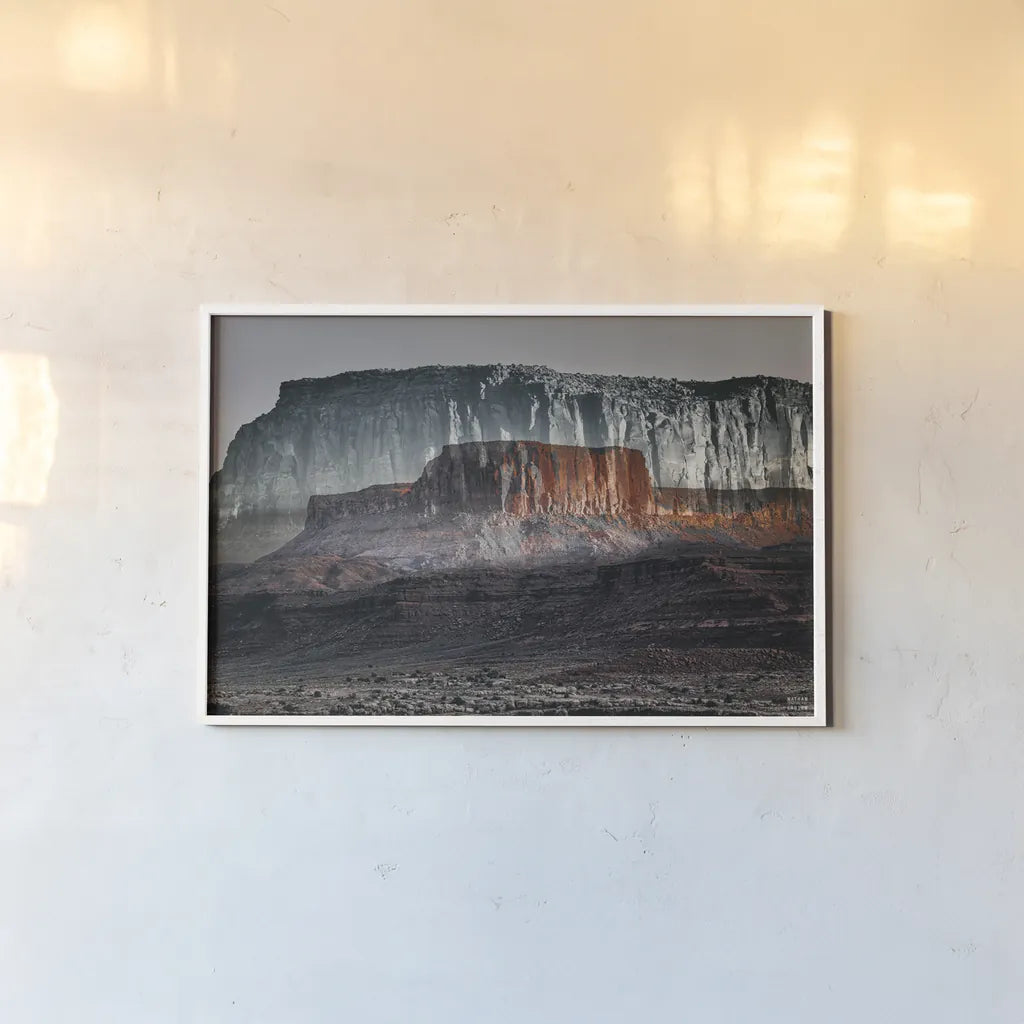 Dream Mesa Dark by Nathan Larson. shown as a paper print in a white frame. Available as a archival giclee rolled canvas, fine art paper, or poster print. SKU 99200i.
