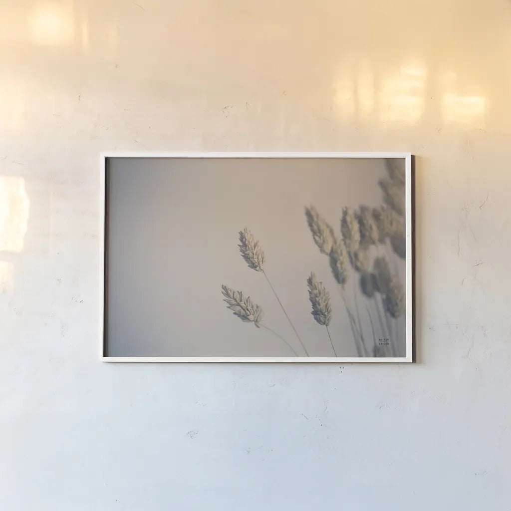 Dried Grass Study by Nathan Larson. shown as a paper print in a white frame. Available as a archival giclee rolled canvas, fine art paper, or poster print. SKU 77006i.