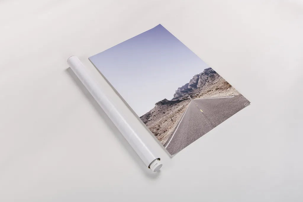 Dusty Desert Dreams Road by Nathan Larson. shown as a rolled paper print. Available as archival giclee rolled canvas, fine art paper, or poster print. SKU 72031h.