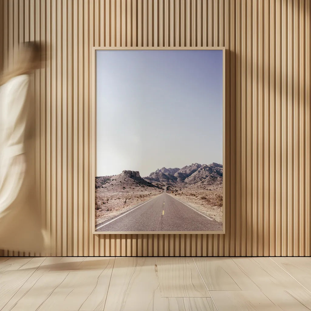 Dusty Desert Dreams Road by Nathan Larson. shown as over sized large wall art. Available as an archival giclee rolled canvas, fine art paper, or poster print. SKU 72031h.