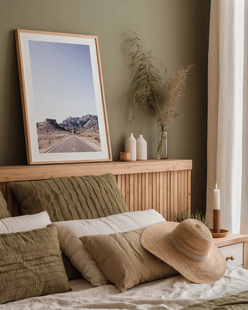 Dusty Desert Dreams Road by Nathan Larson. shown as a paper print in a natural frame. Available as a archival giclee rolled canvas, fine art paper, or poster print. SKU 72031h.