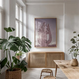 Dusty Desert Saguaro by Nathan Larson. shown as a print in a natural wood frame in a dining room. Available as a archival giclee rolled canvas, fine art paper, or poster print. SKU 72032h.