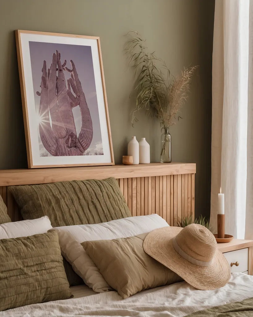 Dusty Desert Saguaro by Nathan Larson. shown as a paper print in a natural frame. Available as a archival giclee rolled canvas, fine art paper, or poster print. SKU 72032h.