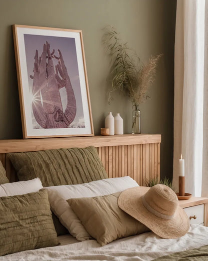 Dusty Desert Saguaro by Nathan Larson. shown as a paper print in a natural frame. Available as a archival giclee rolled canvas, fine art paper, or poster print. SKU 72032h.