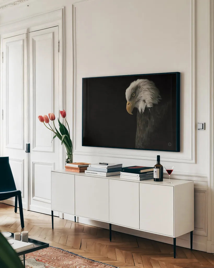 Eagle Bow by Nathan Larson. shown as a framed stretched canvas in a living room above a console. Available as a archival giclee rolled canvas, fine art paper, or poster print. SKU 70277i.