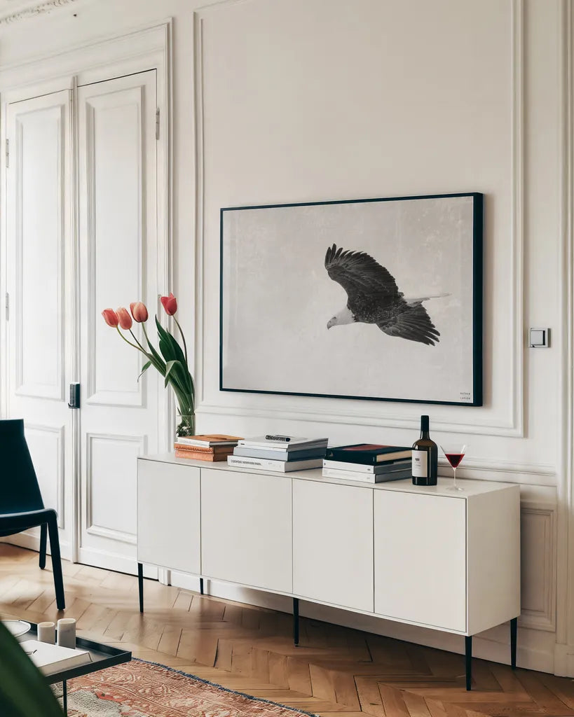 Eagle Eye by Nathan Larson. shown as a framed stretched canvas in a living room above a console. Available as a archival giclee rolled canvas, fine art paper, or poster print. SKU 99246i.