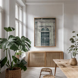 Faded Dublin Door Black by Nathan Larson. shown as a print in a natural wood frame in a dining room. Available as a archival giclee rolled canvas, fine art paper, or poster print. SKU 104276h.