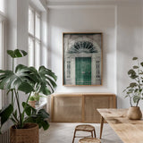 Faded Dublin Door Green by Nathan Larson. shown as a print in a natural wood frame in a dining room. Available as a archival giclee rolled canvas, fine art paper, or poster print. SKU 104275h.