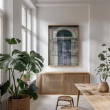 Faded Dublin Door Indigo by Nathan Larson. shown as a print in a natural wood frame in a dining room. Available as a archival giclee rolled canvas, fine art paper, or poster print. SKU 104272h.
