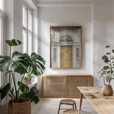Faded Dublin Door Yellow by Nathan Larson. shown as a print in a natural wood frame in a dining room. Available as a archival giclee rolled canvas, fine art paper, or poster print. SKU 104273h.