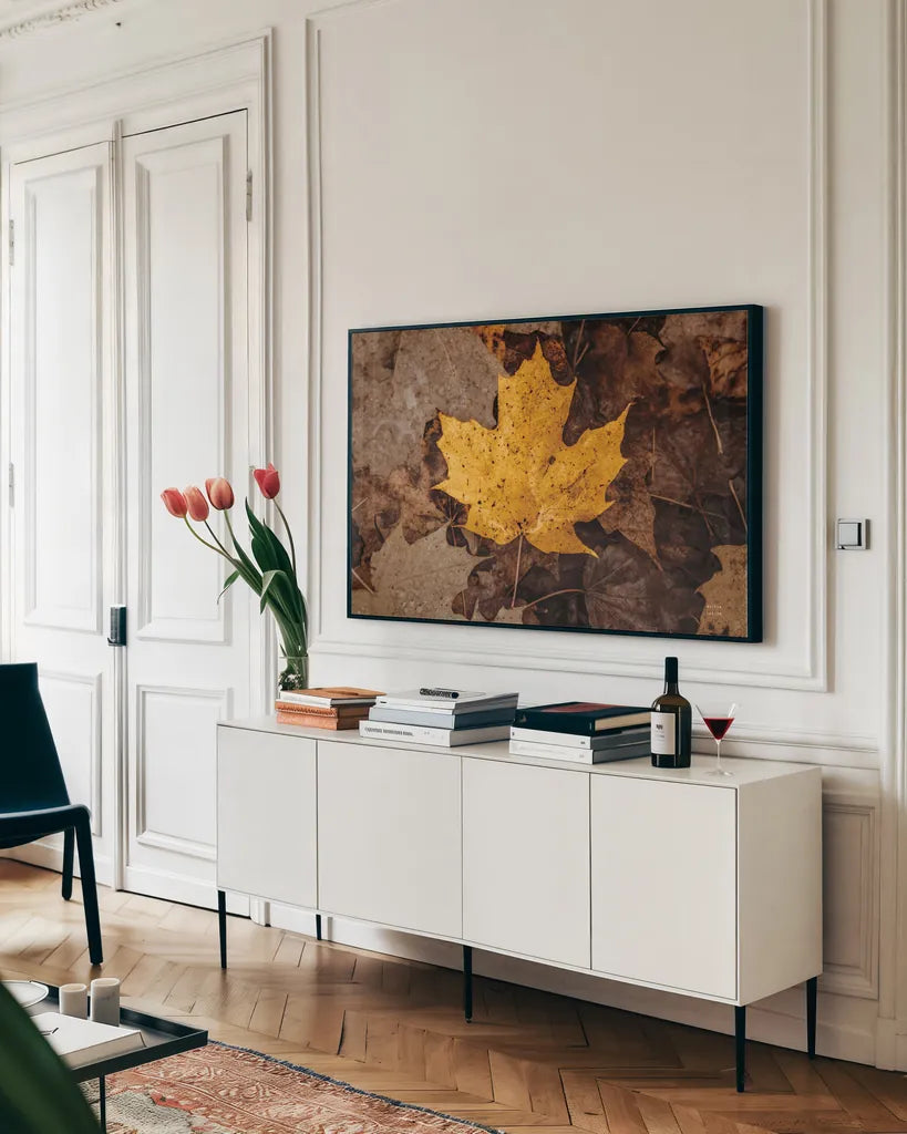 Fall Rains II by Nathan Larson. shown as a framed stretched canvas in a living room above a console. Available as a archival giclee rolled canvas, fine art paper, or poster print. SKU 82631i.