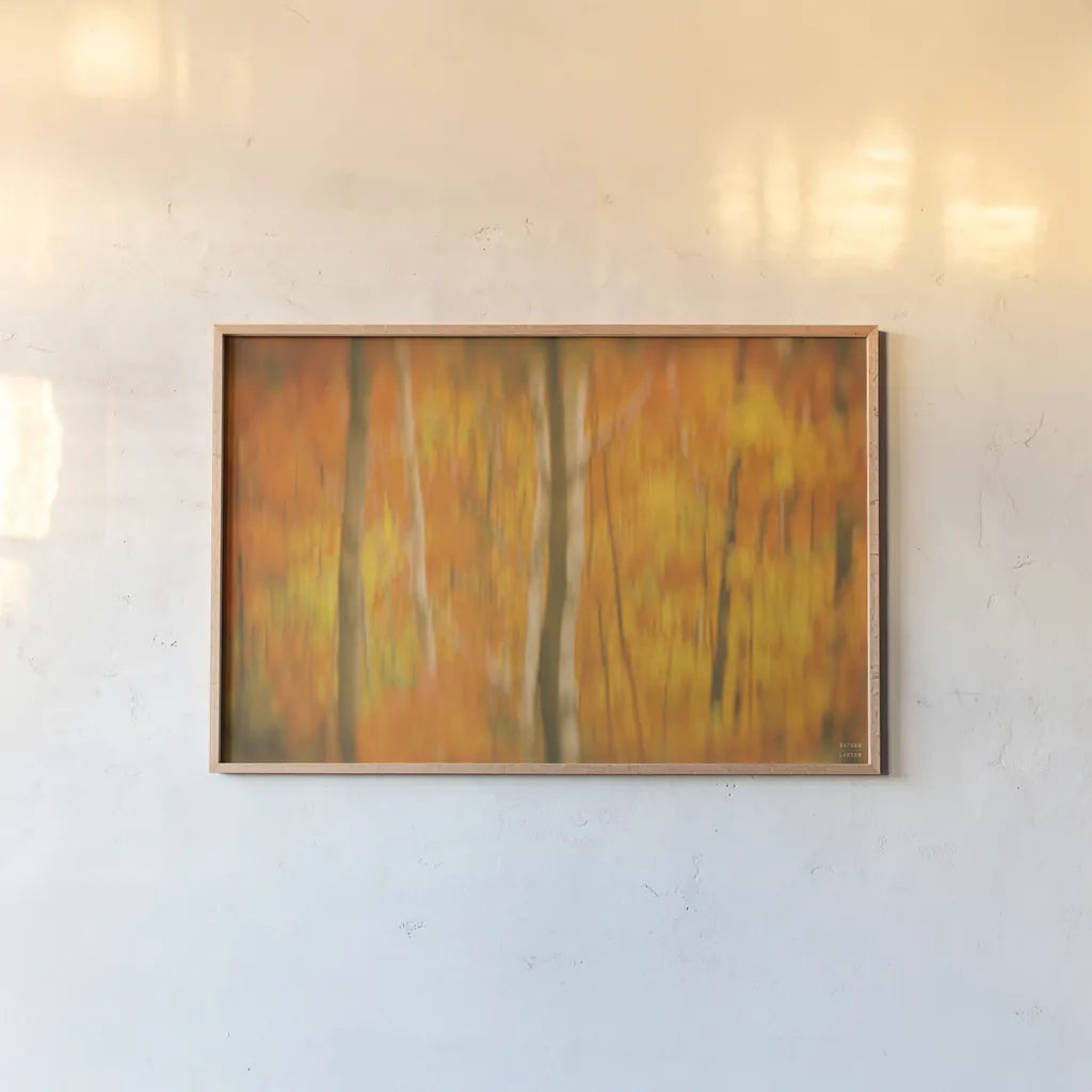 Fall in Motion by Nathan Larson. shown as a paper print in a natural frame. Available as a archival giclee rolled canvas, fine art paper, or poster print. SKU 101670i.
