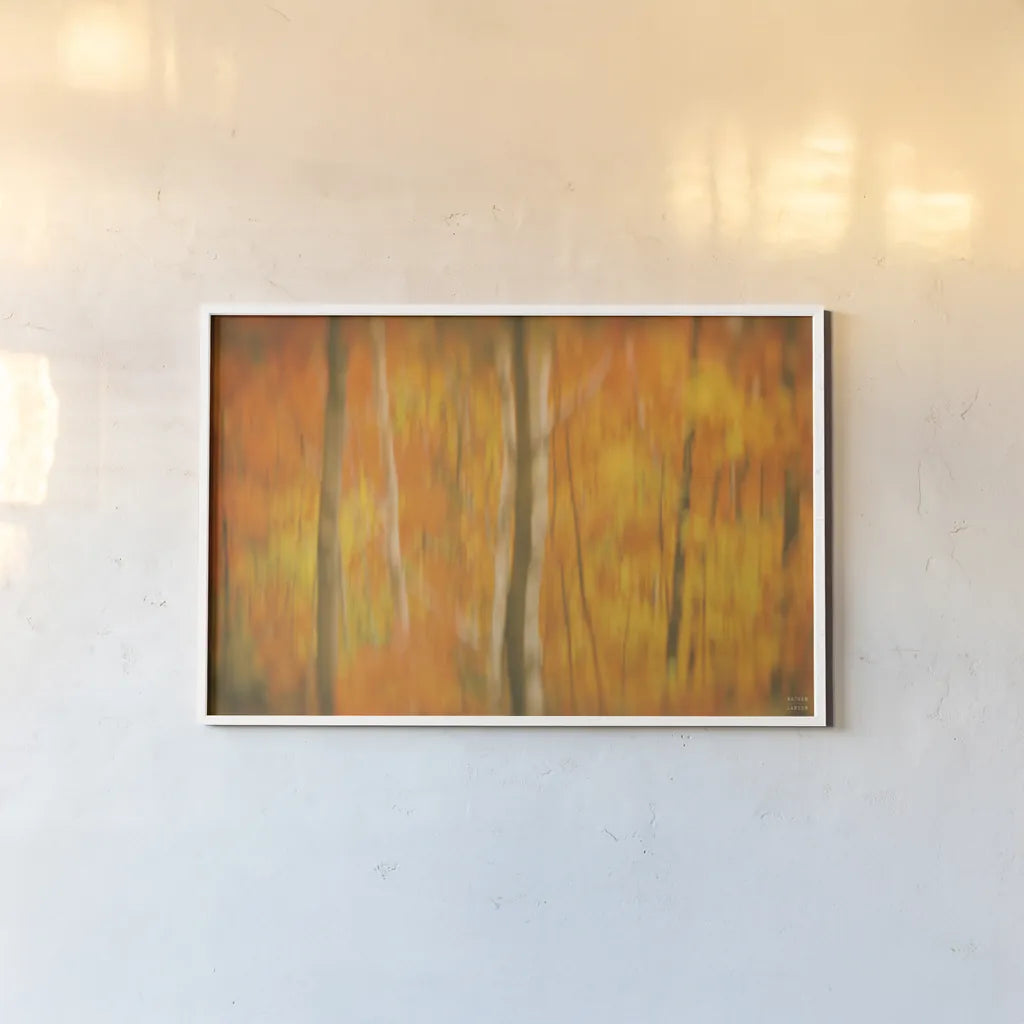 Fall in Motion by Nathan Larson. shown as a paper print in a white frame. Available as a archival giclee rolled canvas, fine art paper, or poster print. SKU 101670i.