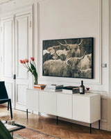 Family Portrait by Nathan Larson. shown as a framed stretched canvas in a living room above a console. Available as a archival giclee rolled canvas, fine art paper, or poster print. SKU 96202i.