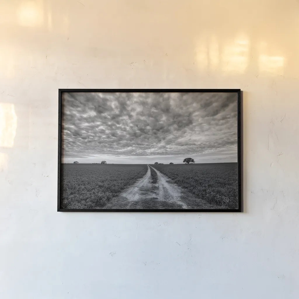 Farm Road by Nathan Larson. shown as a paper print in a black flame. Available as a archival giclee rolled canvas, fine art paper, or poster print. SKU 73694i.