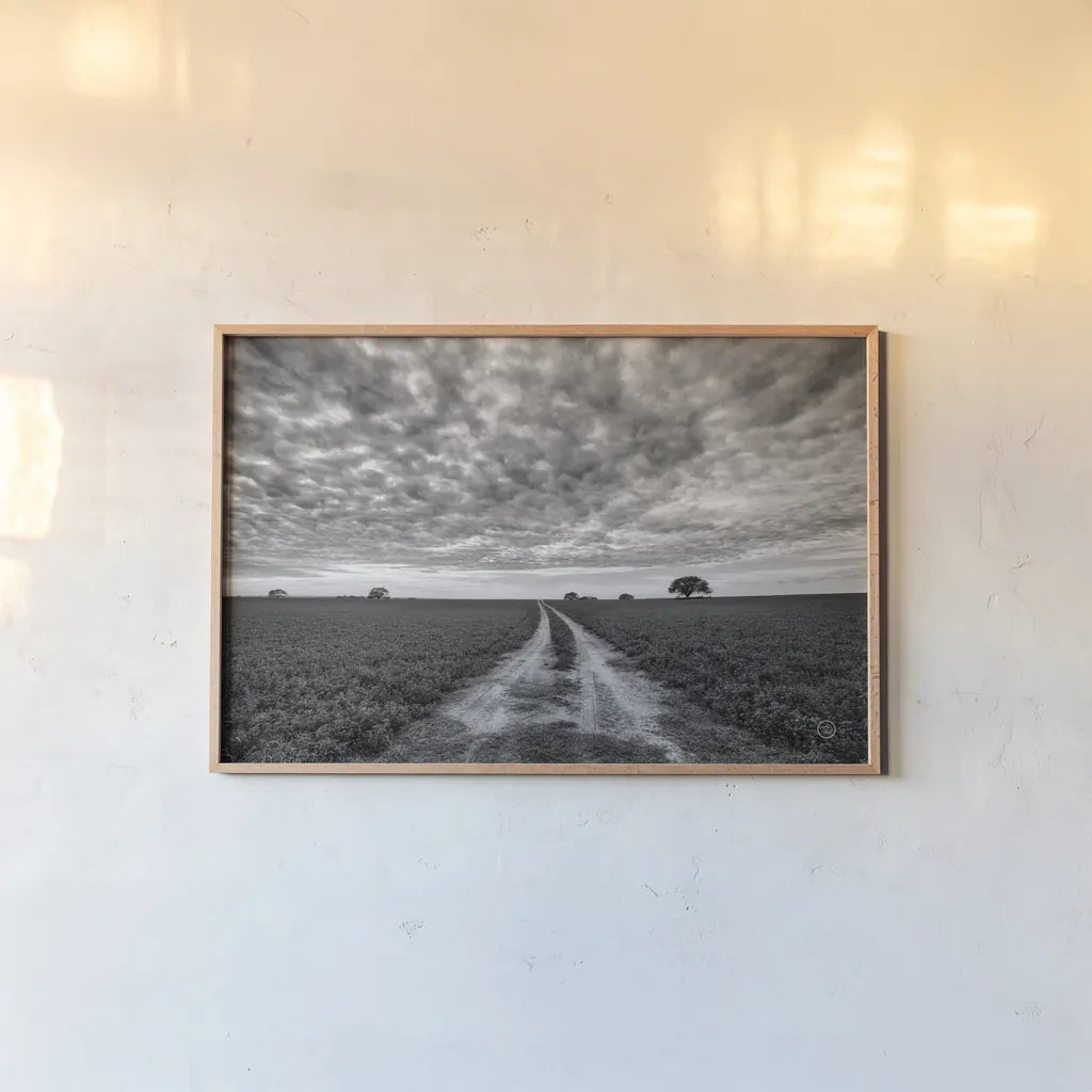 Farm Road by Nathan Larson. shown as a paper print in a natural frame. Available as a archival giclee rolled canvas, fine art paper, or poster print. SKU 73694i.